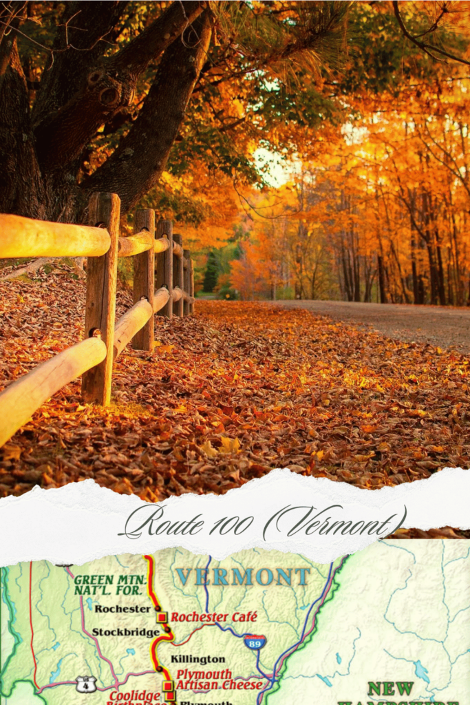 Route 100 in Vermont featuring vibrant fall foliage, a classic covered bridge, and charming New England town scenery.