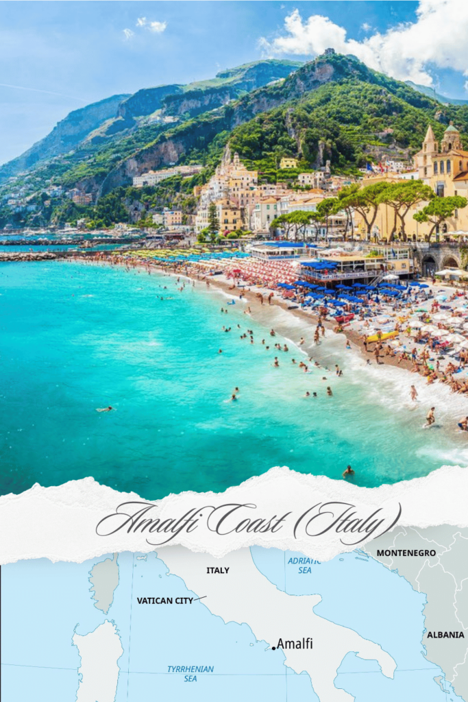 Amalfi Coast in Italy with winding roads, picturesque villages, lush lemon groves, and panoramic sea views.