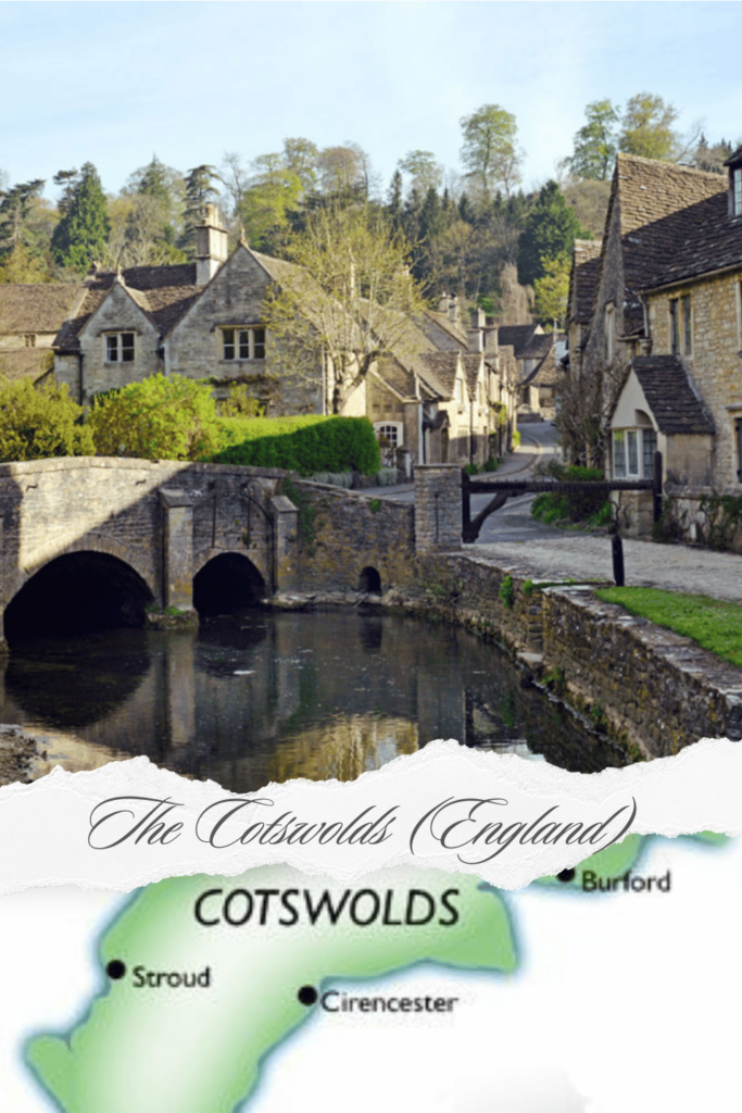 The Cotswolds in England featuring rolling hills, historic villages with honey-colored stone cottages, and ancient churches.