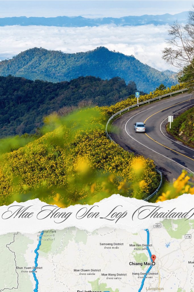 Mae Hong Son Loop in northern Thailand featuring scenic roads, lush forests, cascading waterfalls, and traditional Thai villages.