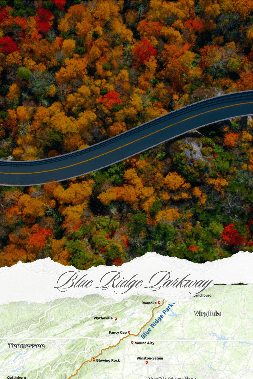 Scenic view of the Blue Ridge Parkway with winding roads, lush green mountains, and colorful autumn foliage.