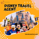 A Disney travel agent helping a family plan their magical Disney vacation with brochures and maps of Disney parks.