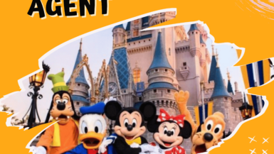 A Disney travel agent helping a family plan their magical Disney vacation with brochures and maps of Disney parks.