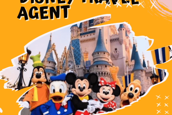 A Disney travel agent helping a family plan their magical Disney vacation with brochures and maps of Disney parks.